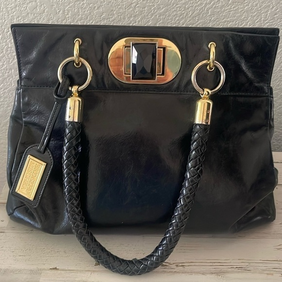 Badgley Mischka Turnlock Leather Braided Handles Gold Hardware Shoulder Bag - Picture 1 of 16